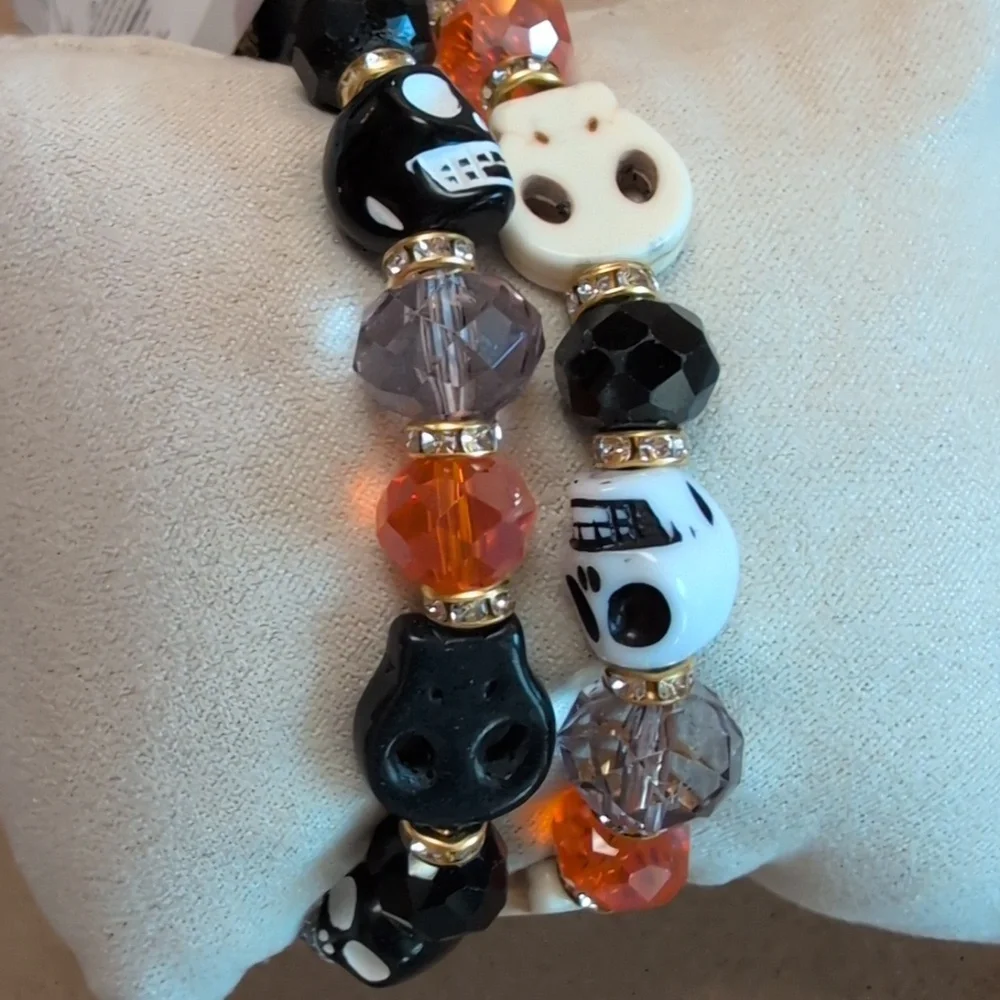 Halloween Gothic Skull Bead Bracelet Set - Black, White, Orange Set